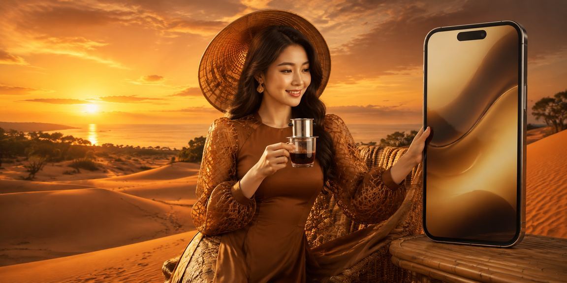 Cảnh sắc Mũi Né với nón lá truyền thống, gợi lên hình ảnh người dùng trải nghiệm nạp tiền và nhận thưởng trên di động